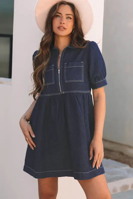 Mini denim dress - short puff sleeve by fashionfitz