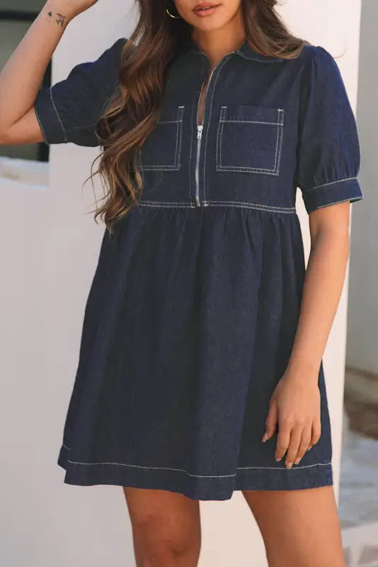 Mini denim dress - short puff sleeve by fashionfitz