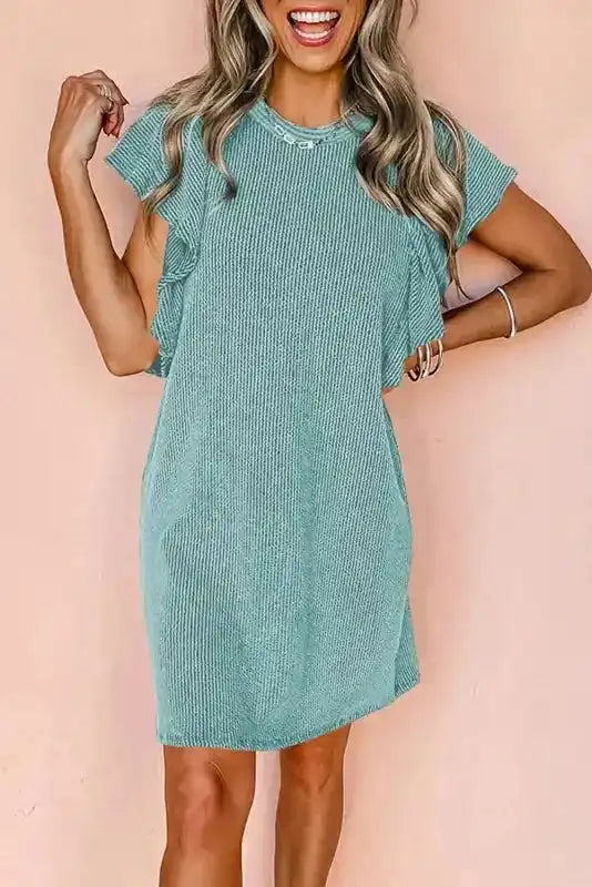 Mini Dress - Textured Flutter Sleeve - Fashionfitz