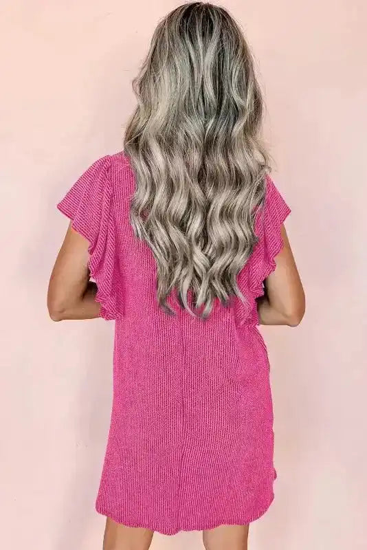 Textured flutter sleeve mini dress back view — Fashionfitz UK