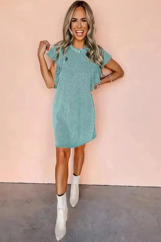 Mini Dress - Textured Flutter Sleeve - Fashionfitz