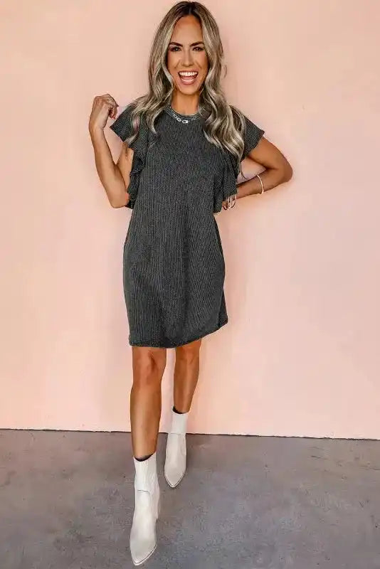 Mini Dress - Textured Flutter Sleeve - Fashionfitz