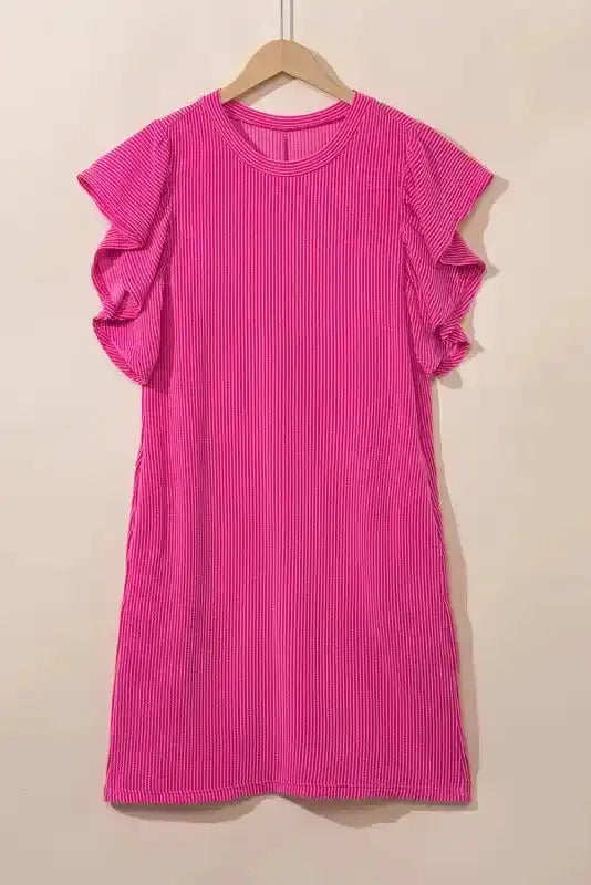 Mini Dress - Textured Flutter Sleeve - Fashionfitz