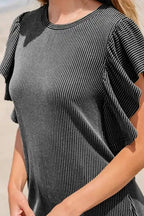 Mini Dress - Textured Flutter Sleeve - Fashionfitz