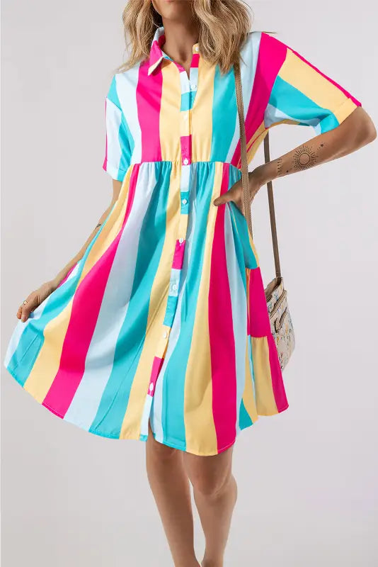 Mini shirt dress - rose stripe short sleeve - s / 100% polyester - dresses