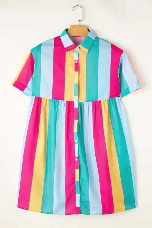 Mini shirt dress - rose stripe short sleeve - dresses