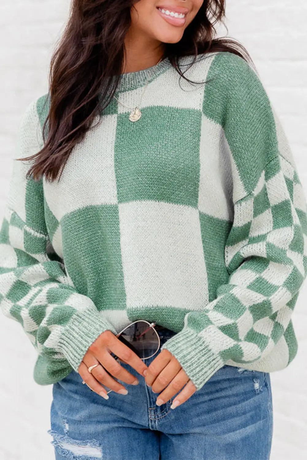Mint green checkered print drop shoulder sweater - s / 100% acrylic - sweaters & cardigans