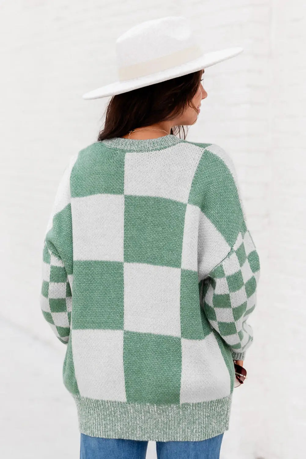 Mint green checkered print drop shoulder sweater - tops