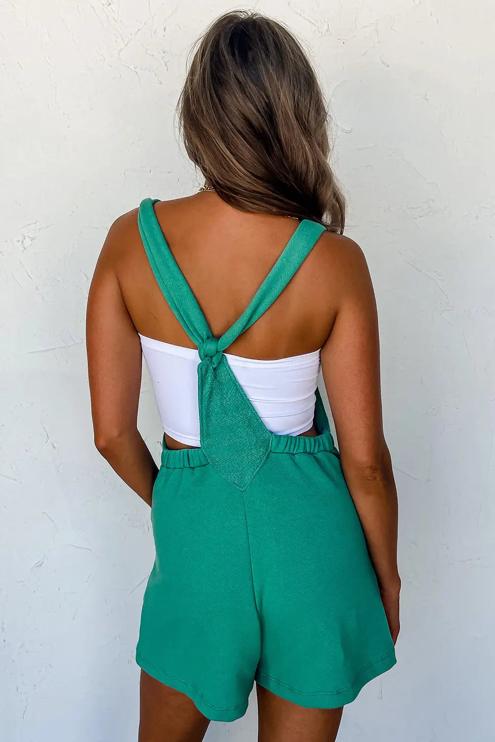 Mint green knotted straps french terry romper - jumpsuits & rompers