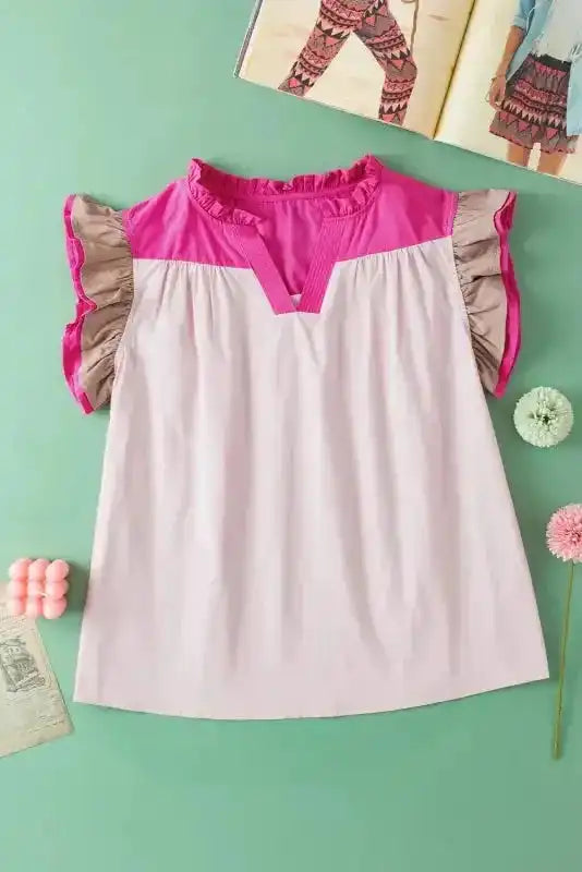 Mist Blue Blouse - Color-block Ruffled Sleeve Frill V Neck - Fashionfitz