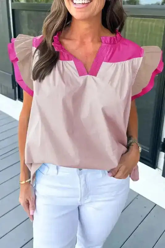 Mist Blue Blouse - Color-block Ruffled Sleeve Frill V Neck - Fashionfitz
