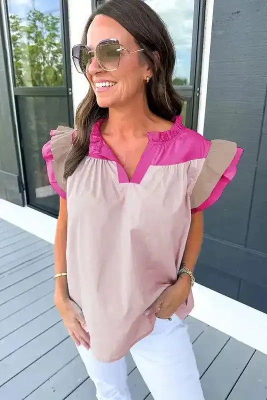 Mist Blue Blouse - Color-block Ruffled Sleeve Frill V Neck - Fashionfitz