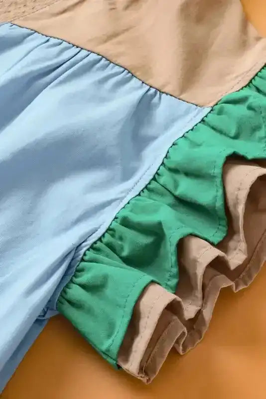 Mist Blue Blouse - Color-block Ruffled Sleeve Frill V Neck - Fashionfitz