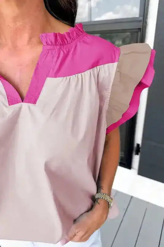 Mist Blue Blouse - Color-block Ruffled Sleeve Frill V Neck - Fashionfitz