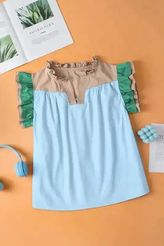 Mist Blue Colour Block Ruffled Sleeve Frill V-Neck Blouse styled as a casual feminine summer outfit — Fashionfitz