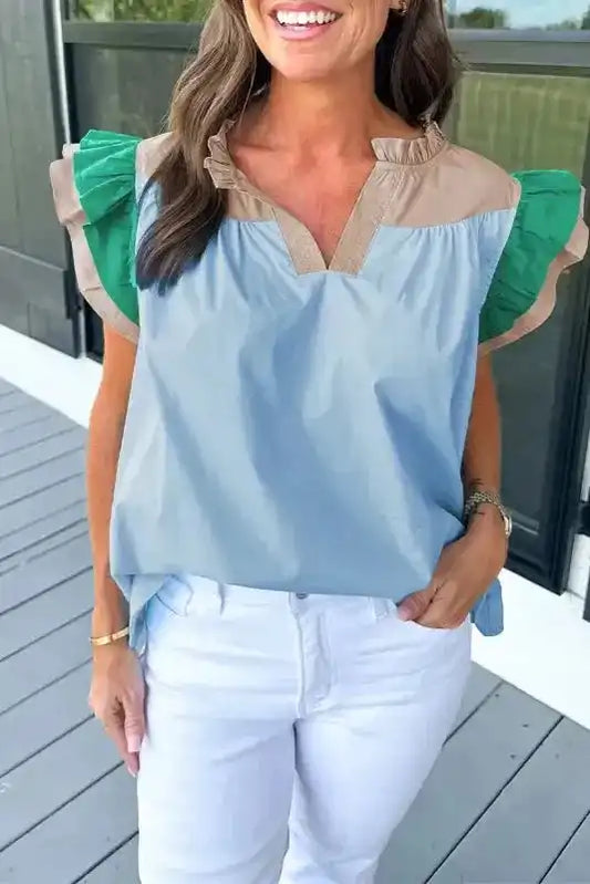 Mist Blue Blouse - Color-block Ruffled Sleeve Frill V Neck - Fashionfitz