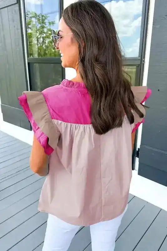 Mist Blue Blouse - Color-block Ruffled Sleeve Frill V Neck - Fashionfitz