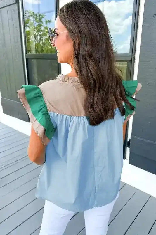 Back view of Mist Blue Colour Block Ruffled Sleeve Blouse showing relaxed silhouette and V-neckline — Fashionfitz