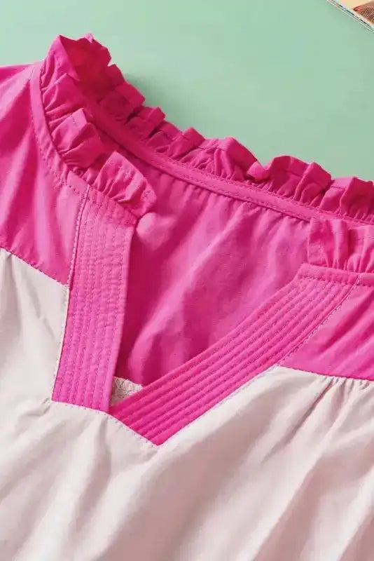 Mist Blue Blouse - Color-block Ruffled Sleeve Frill V Neck - Fashionfitz