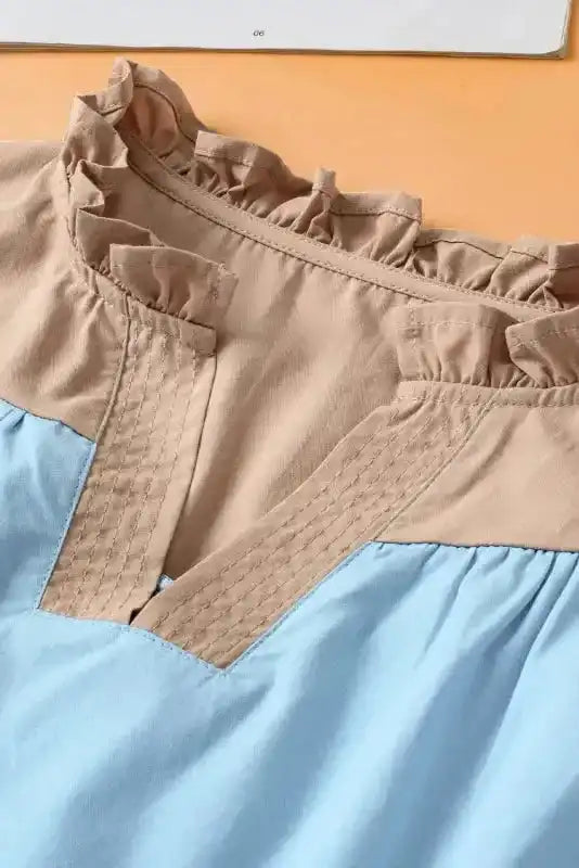 Mist Blue Blouse - Color-block Ruffled Sleeve Frill V Neck - Fashionfitz