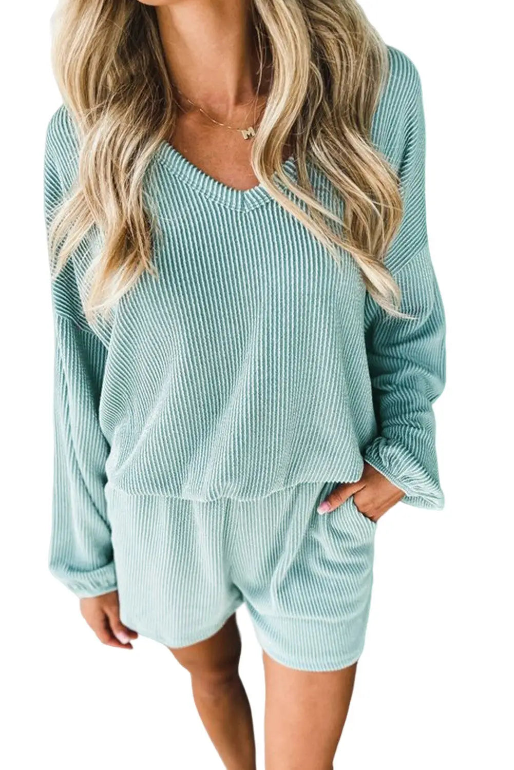 Mist blue corded v neck slouchy top pocketed shorts set -