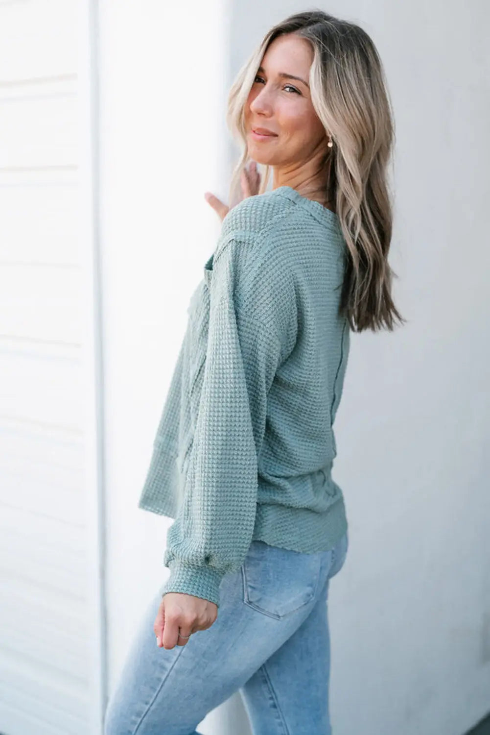 Mist blue raw edge detail waffle knit v neck top - tops