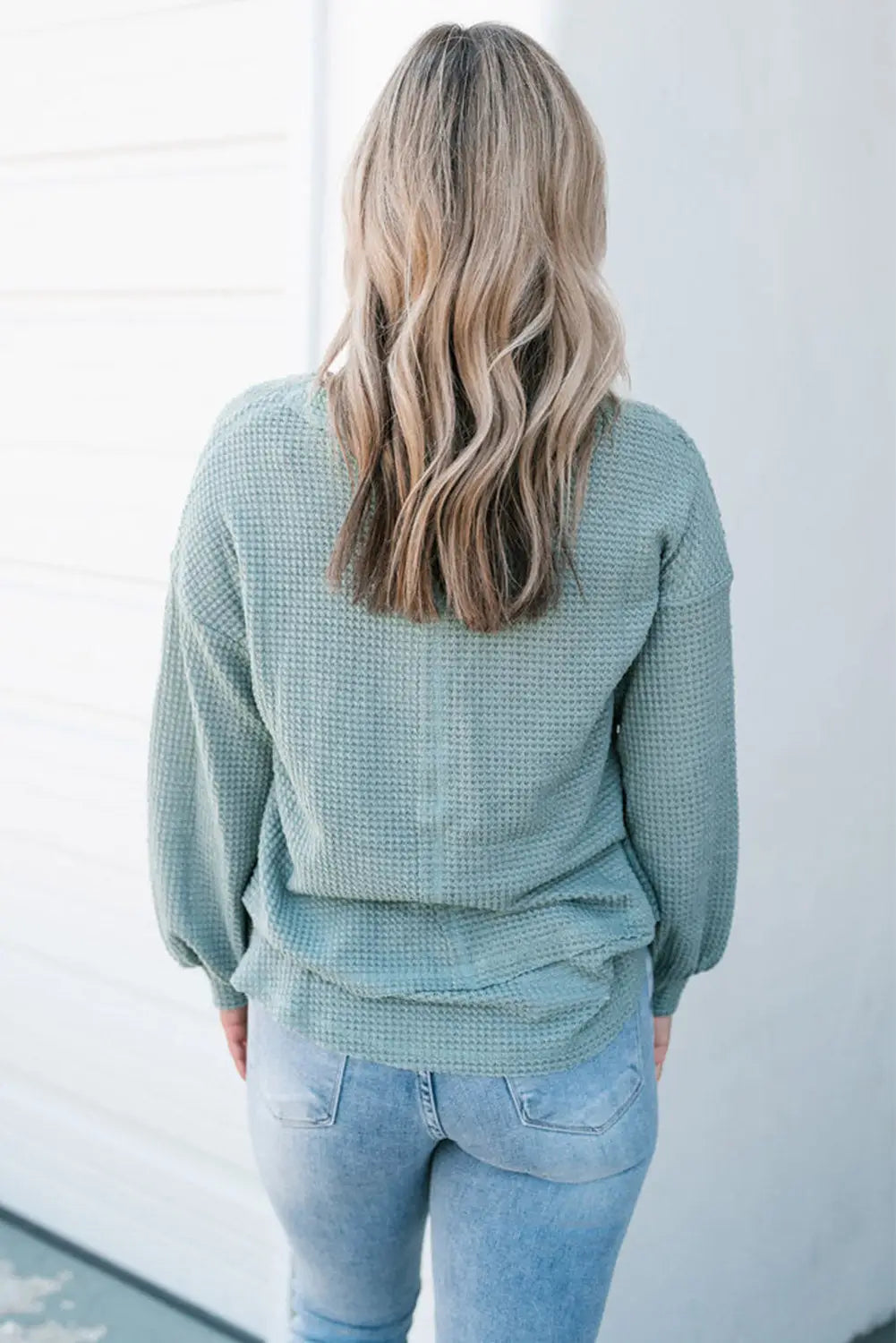 Mist blue raw edge detail waffle knit v neck top - tops