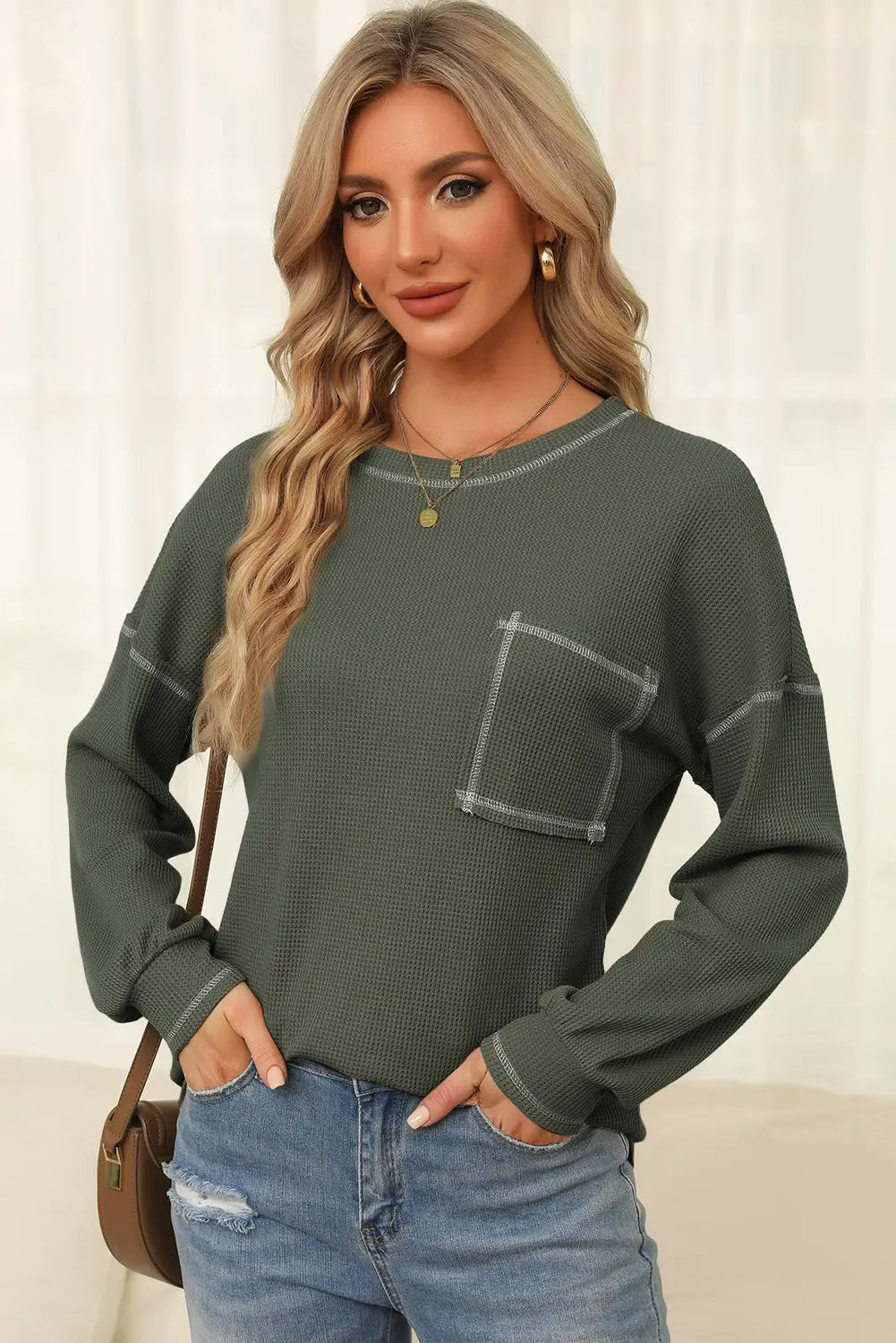 Mist green contrast exposed stitching waffle knit blouse - l / 95% polyester + 5% elastane - blouses & shirts
