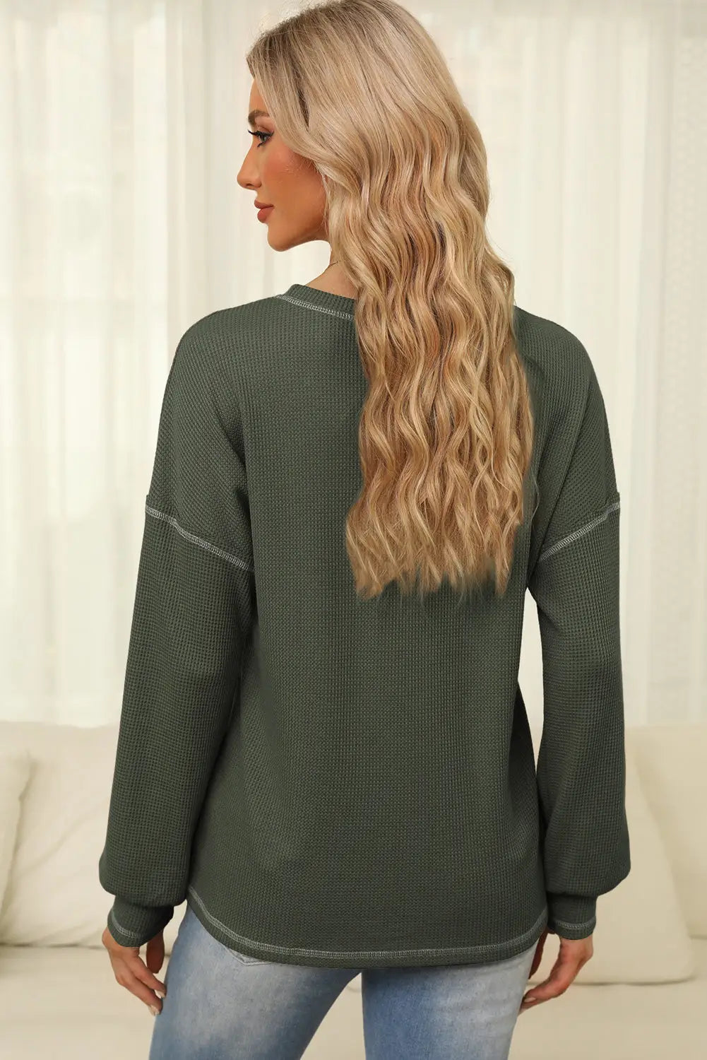 Mist green contrast exposed stitching waffle knit blouse - blouses & shirts