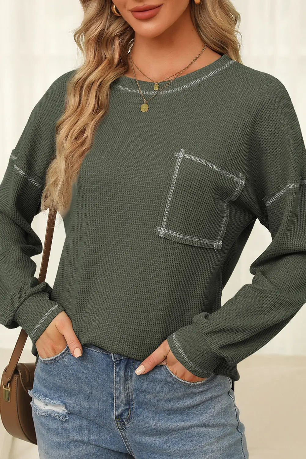 Mist green contrast exposed stitching waffle knit blouse - blouses & shirts