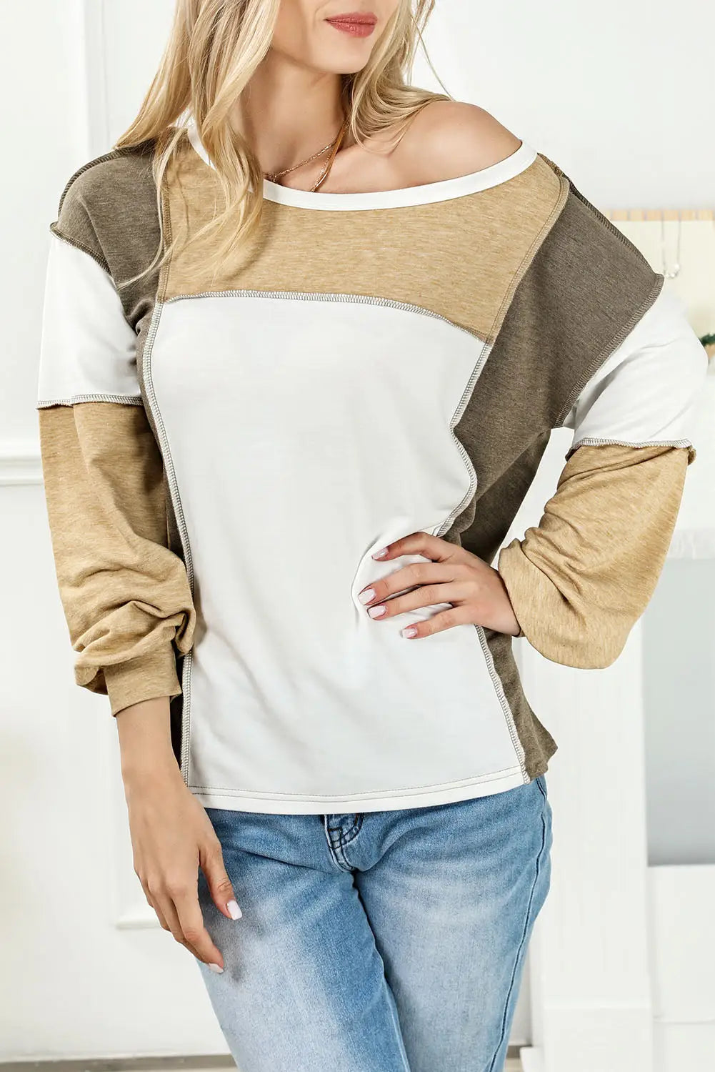 Mist green exposed seam color block patchwork top - long sleeve tops
