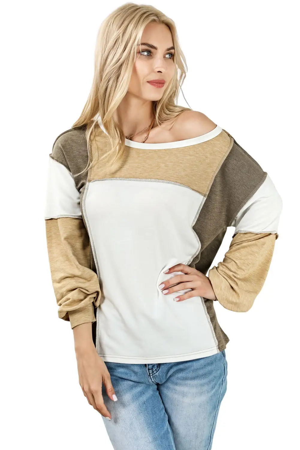Mist green exposed seam color block patchwork top - long sleeve tops