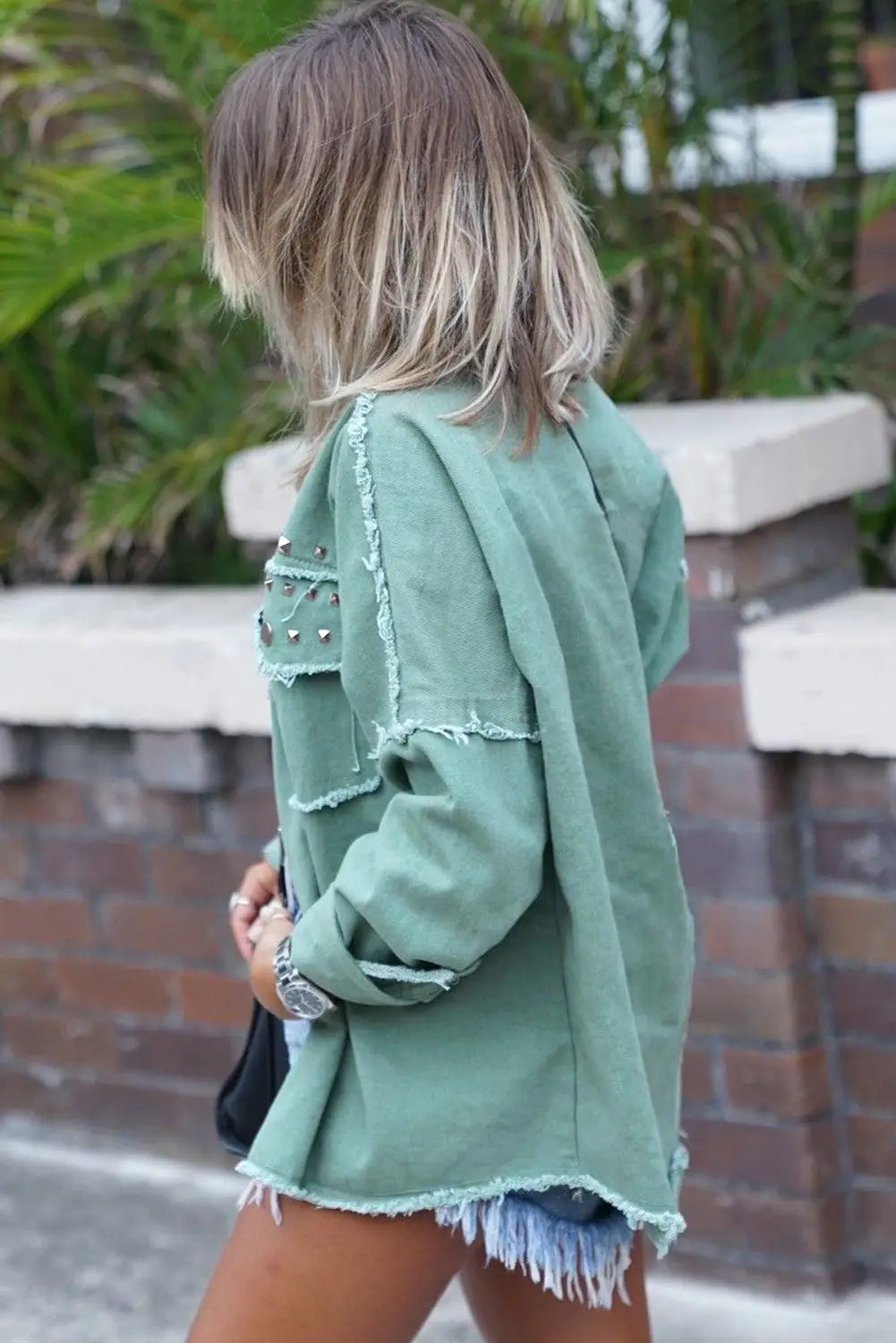 Mist green frayed trim riveted denim jacket - jackets