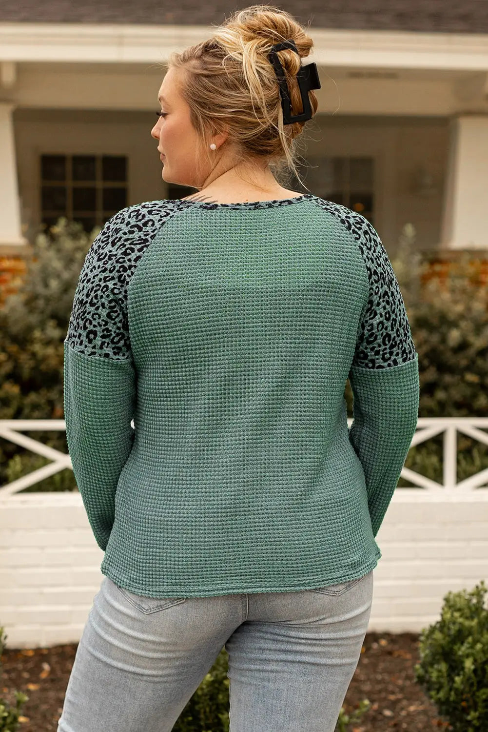 Mist green leopard patchwork textured knit plus size henley