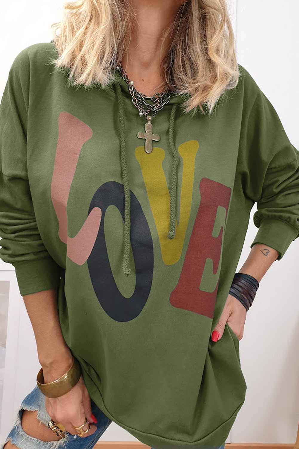 Mist green love letter graphic drop shoulder oversize hoodie - l 65% polyester + 35% cotton sweatshirts & hoodies