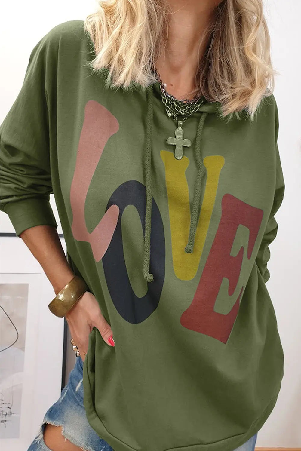 Mist green love letter graphic drop shoulder oversize hoodie - sweatshirts & hoodies