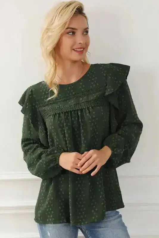 Mist Green Plus Lace Swiss Dot Ruffle Long Sleeve Top - Fashionfitz