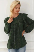 Mist Green Plus Lace Swiss Dot Ruffle Long Sleeve Top - Fashionfitz