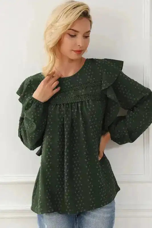 Mist Green Plus Lace Swiss Dot Ruffle Long Sleeve Top - Fashionfitz