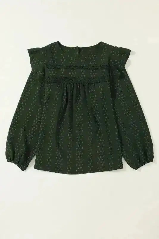 Mist Green Plus Lace Swiss Dot Ruffle Long Sleeve Top - Fashionfitz