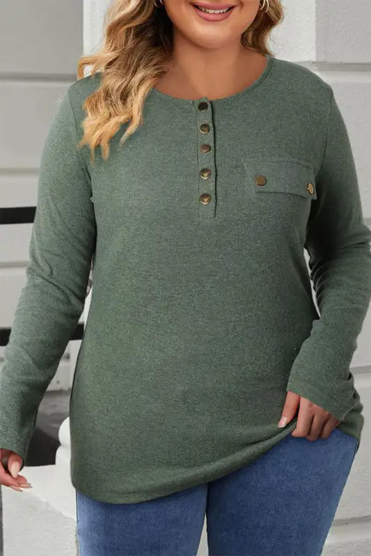 Mist green plus size snap button henley top - 1x / 75% polyester + 20% cotton + 5% elastane