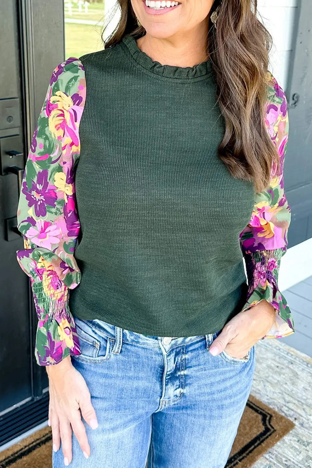 Mist green ribbed frill neck floral print long sleeve top - l / 85% polyester + 15% elastane - tops