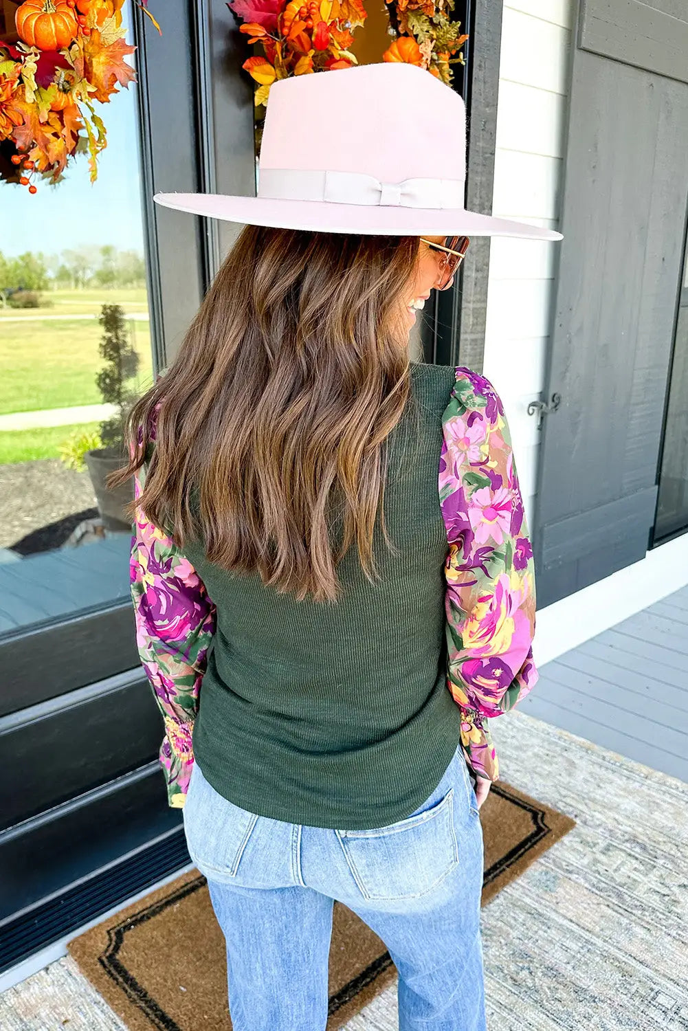 Mist green ribbed frill neck floral print long sleeve top -
