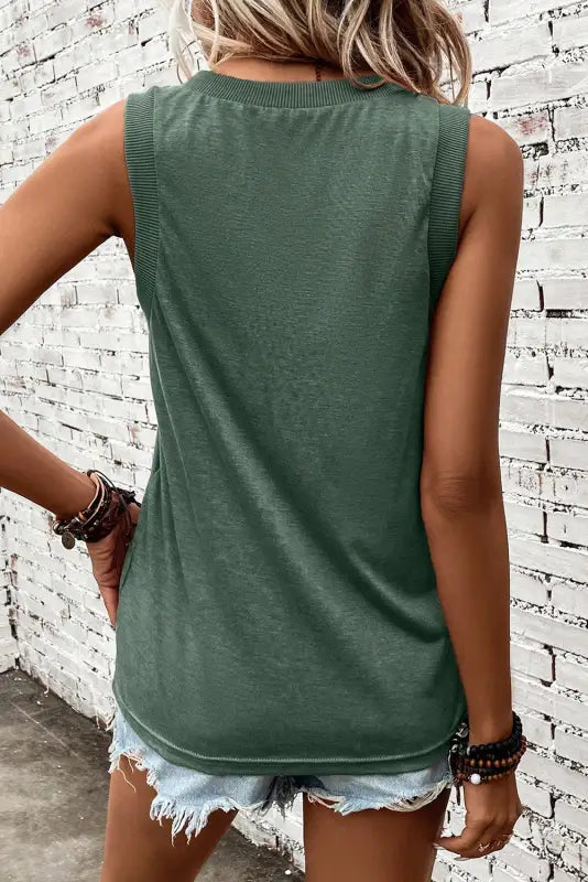 Mist green ribbed v neck tank - tops