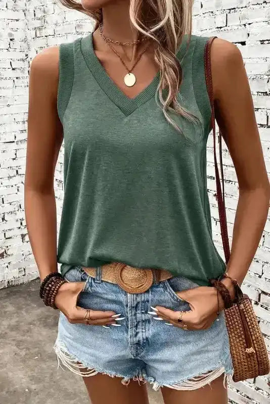 Mist Green Ribbed V-Neck Tank Top - Fashionfitz