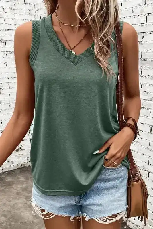Mist Green Ribbed V-Neck Tank Top - Fashionfitz