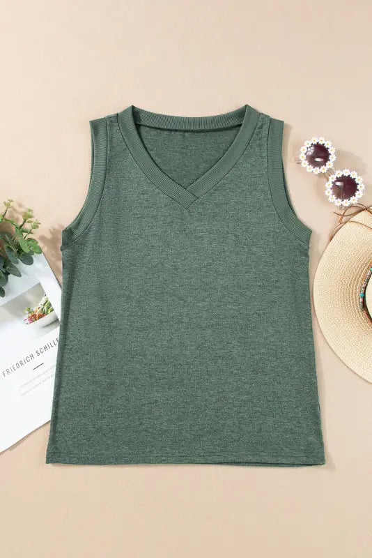 Mist green ribbed v neck tank - tops