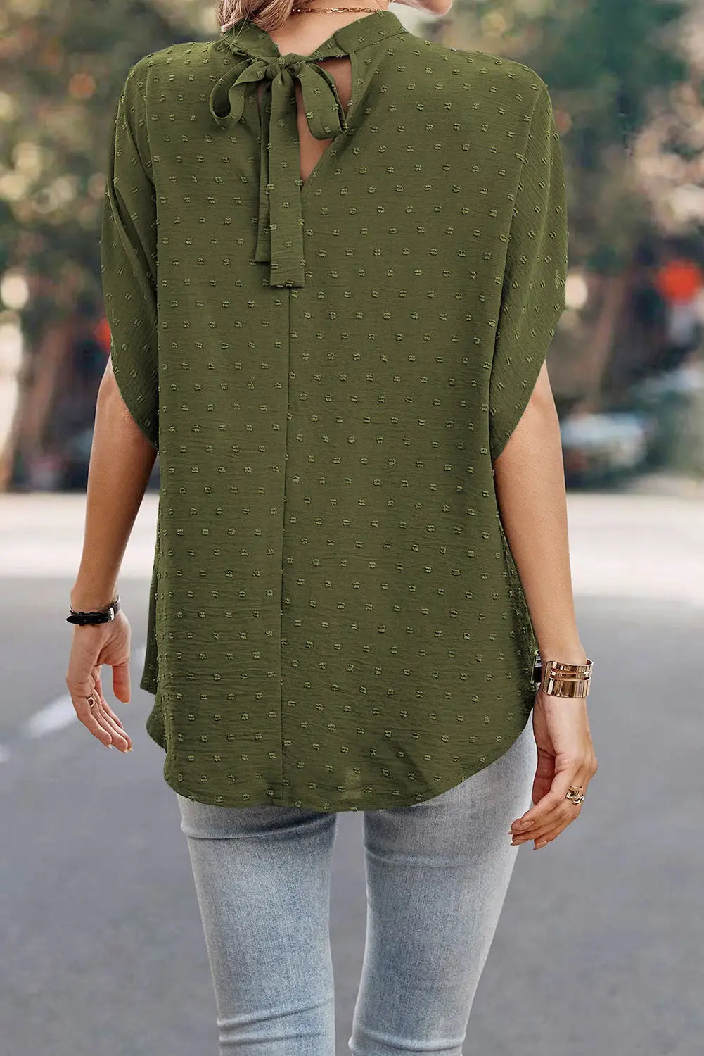 Mist green swiss dot mock neck batwing sleeve blouse - tops