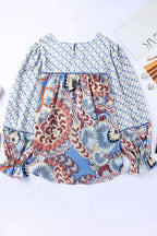 Mixed Floral Geometric Print Ruffled Long Sleeve Blouse - Fashionfitz