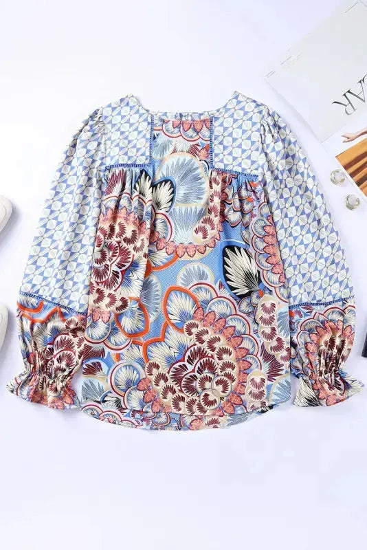 Mixed Floral Geometric Print Ruffled Long Sleeve Blouse - Fashionfitz